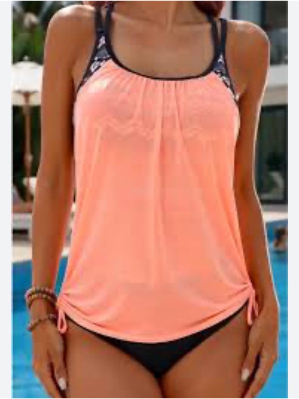 NWT SheShow Coral/Peach Tankini Swim Top with Black Aztec Print Trim -- XL
